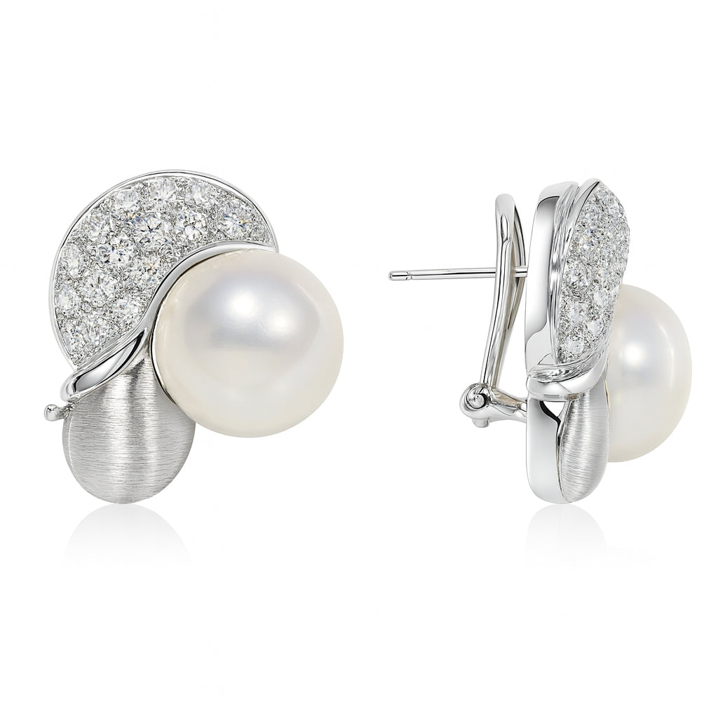14k White Gold Fresh Water Pearl Diamond Ear Clips