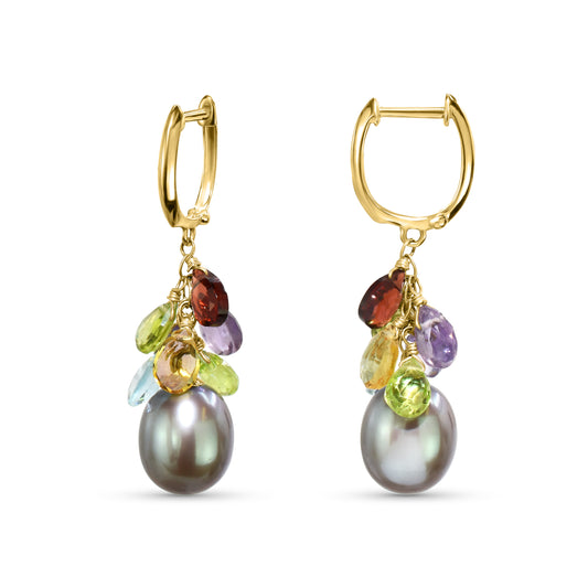 14k Blue Topaz, Peridot, Tourmaline, Amethyst, Citrine, Grey Pearl Hoop Earring