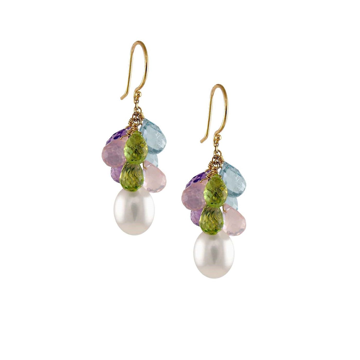 14k White Freshwater Pearls, Amethyst, Blue Topaz, Peridot, and Rose Quartz Hook Earring