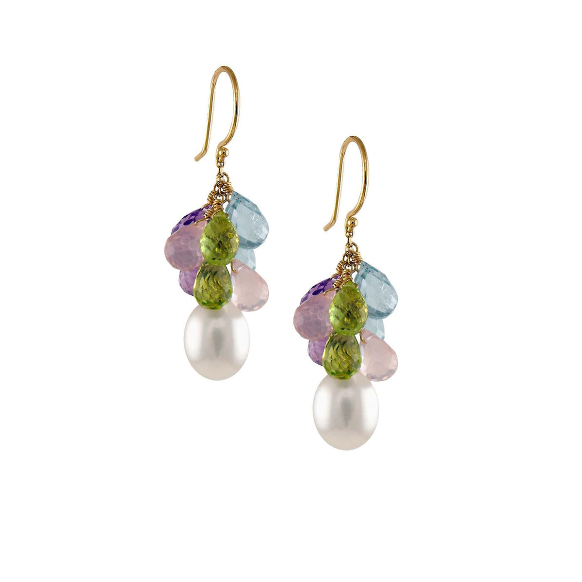 14k White Freshwater Pearls, Gemstones Hook Earring
