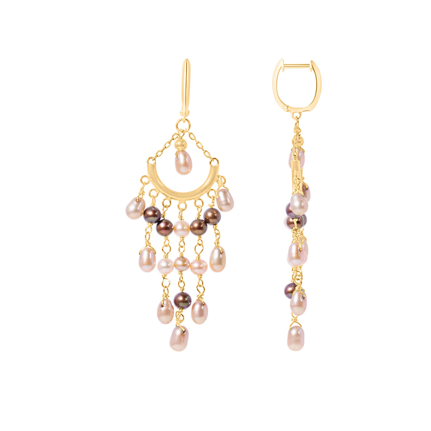 14k Champagne Freshwater Pearl Chandelier Dangle Earring Huggie Hoop