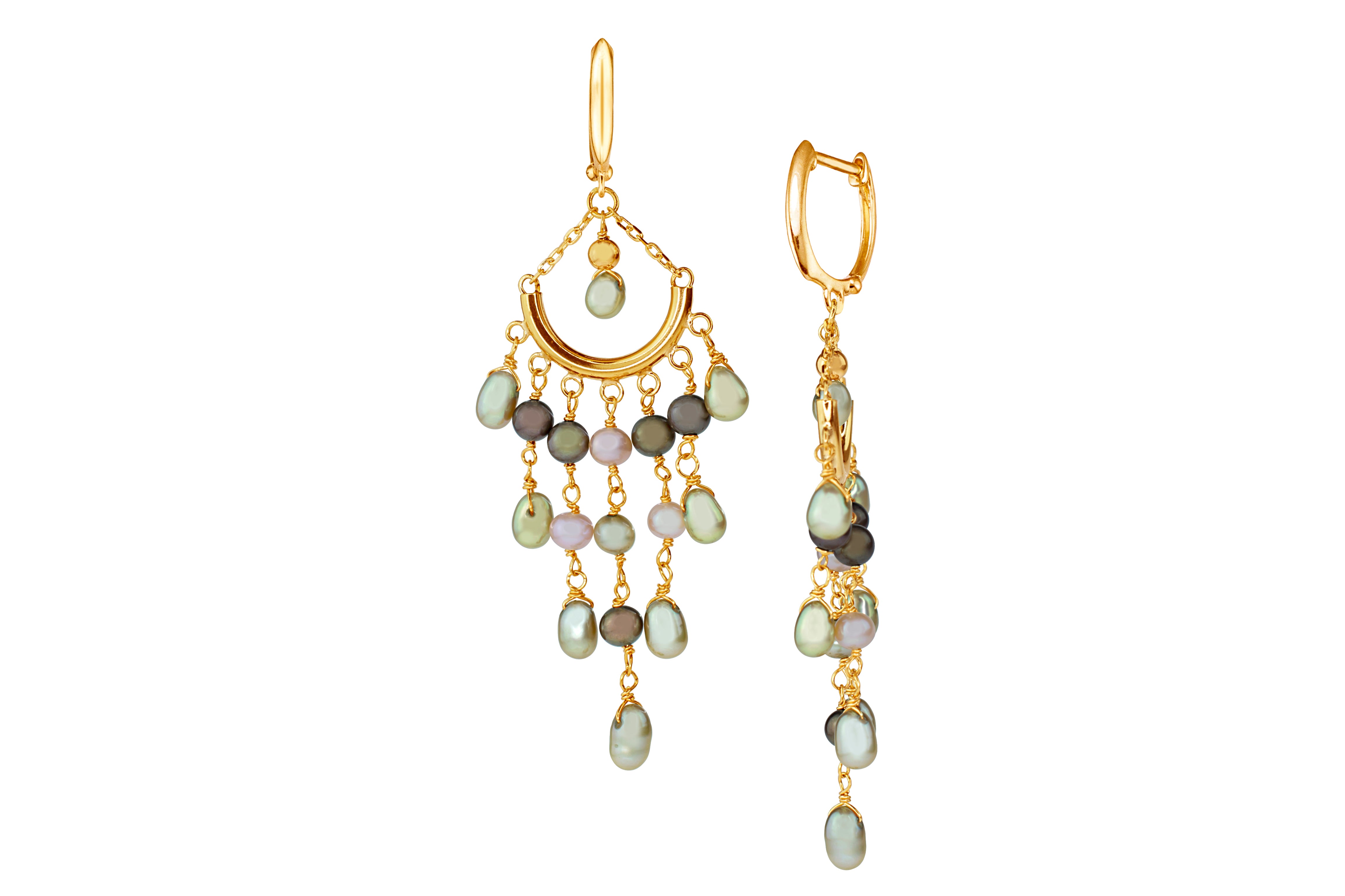 14k Champagne Freshwater Pearl Chandelier Dangle Earring Huggie Hoop