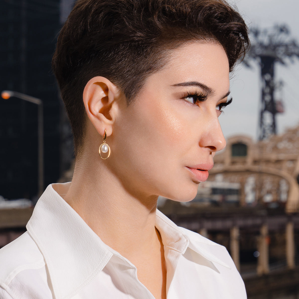 14k Floating White Pearl Hoop Drop Earring