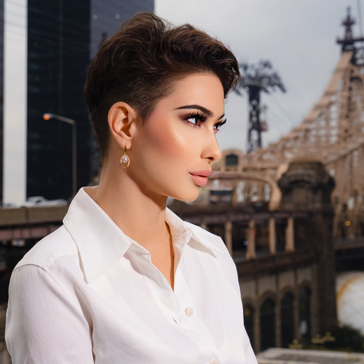 14k Floating White Pearl Hoop Drop Earring