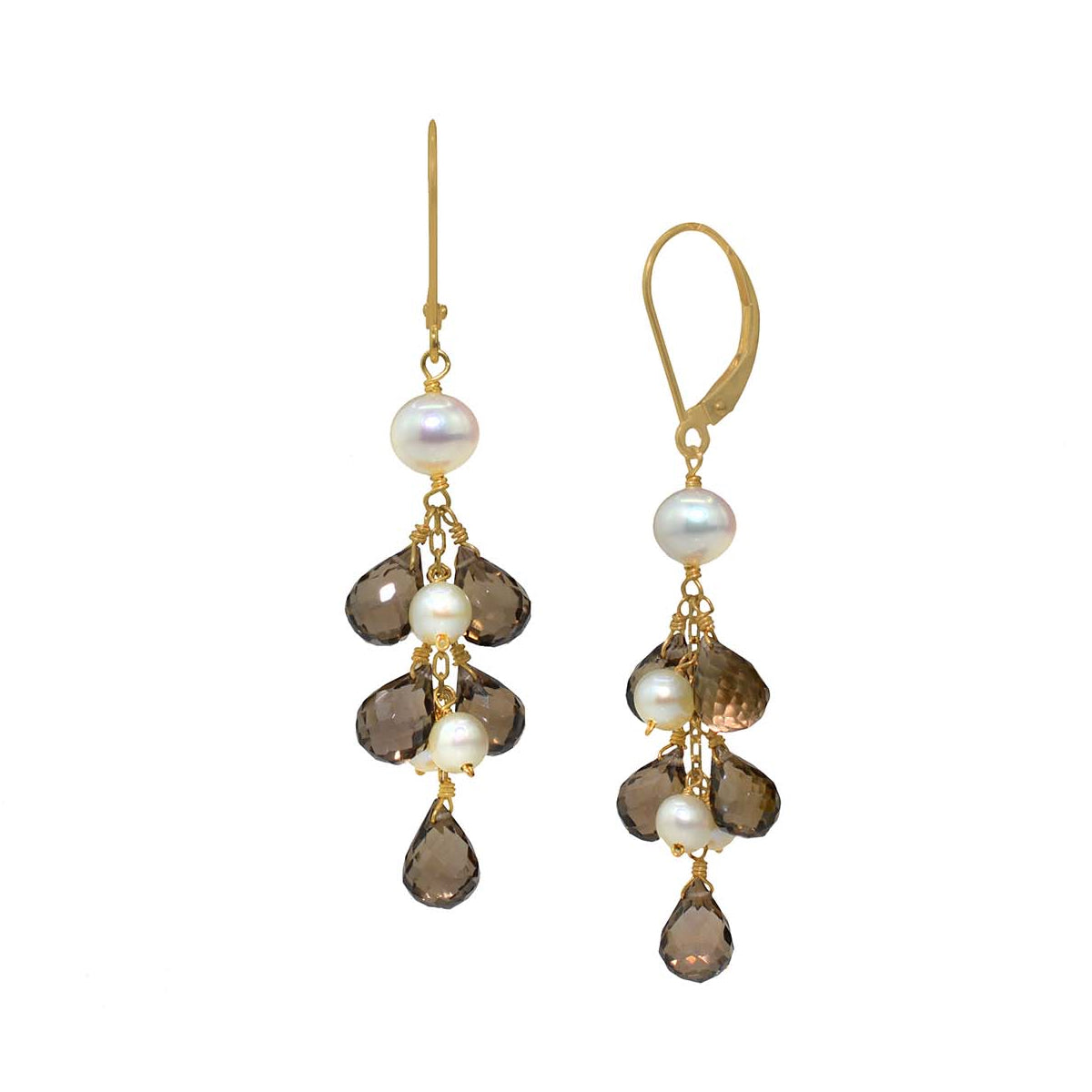 14k White Freshwater Pearl Smoky Quartz Leverback Earring