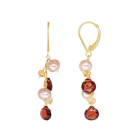 14k Pink Freshwater Pearl Garnet Citrine Leverback Drop Earring