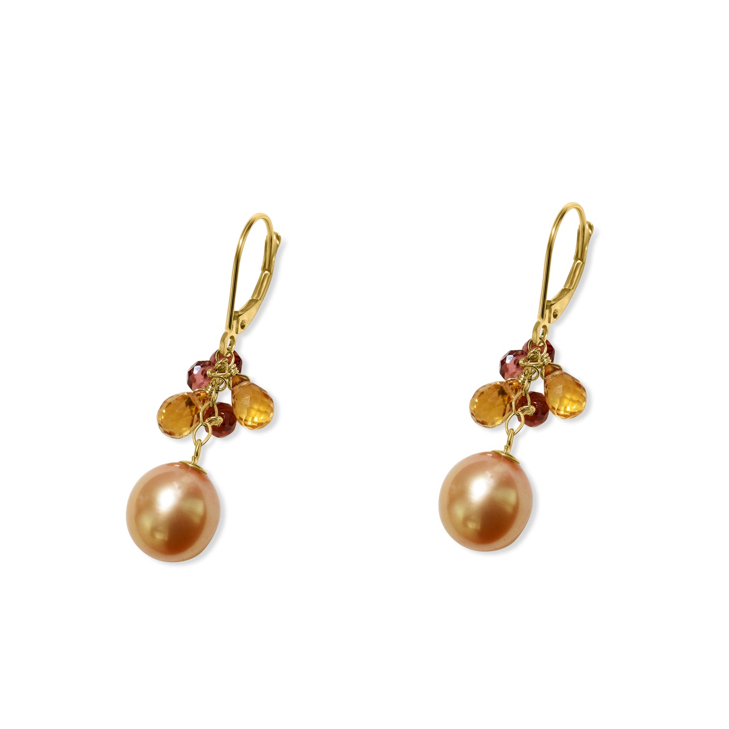 14k Champagne Freshwater Pearl Garnet Citrine Leverback Earring