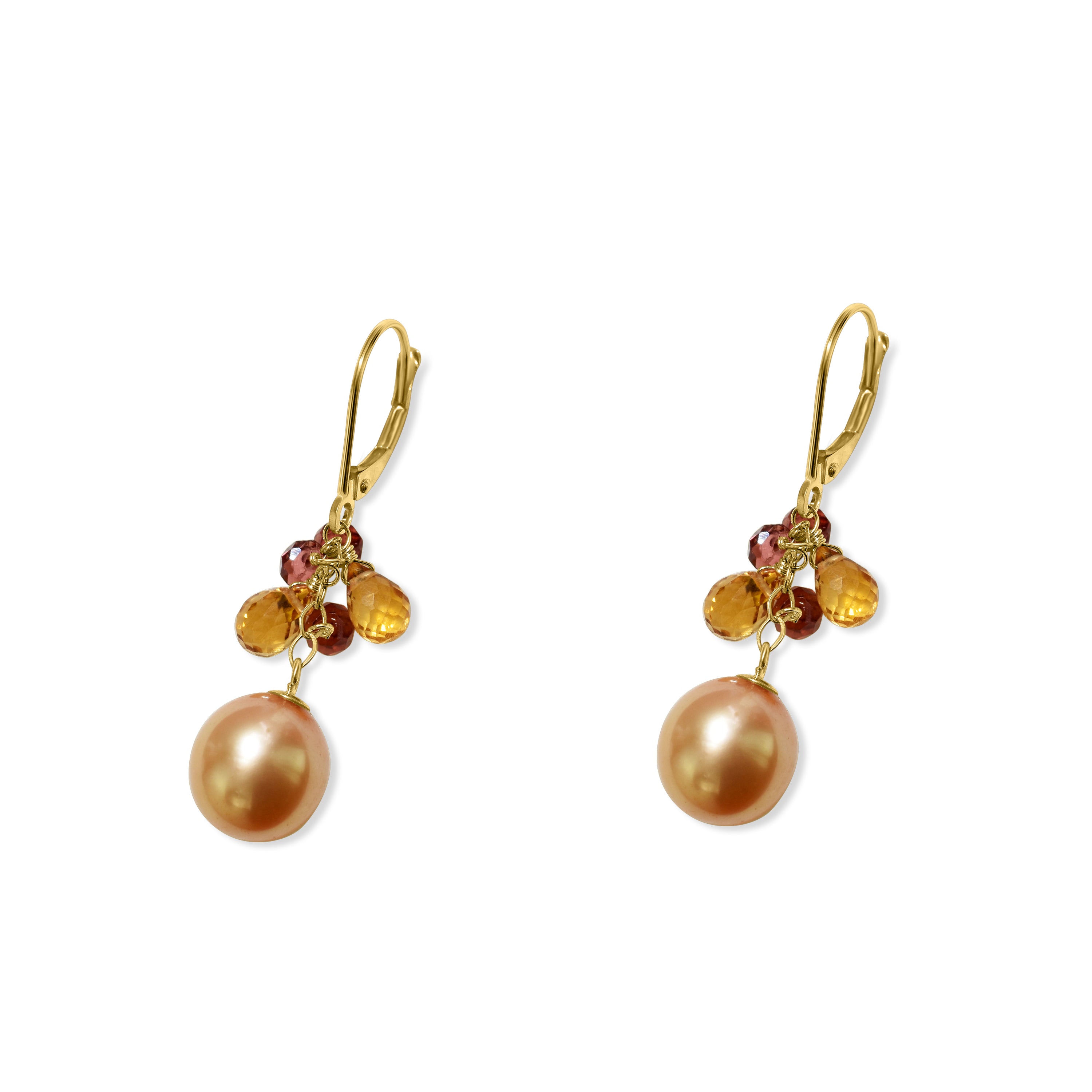 14k Champagne Freshwater Pearl Garnet Citrine Leverback Earring