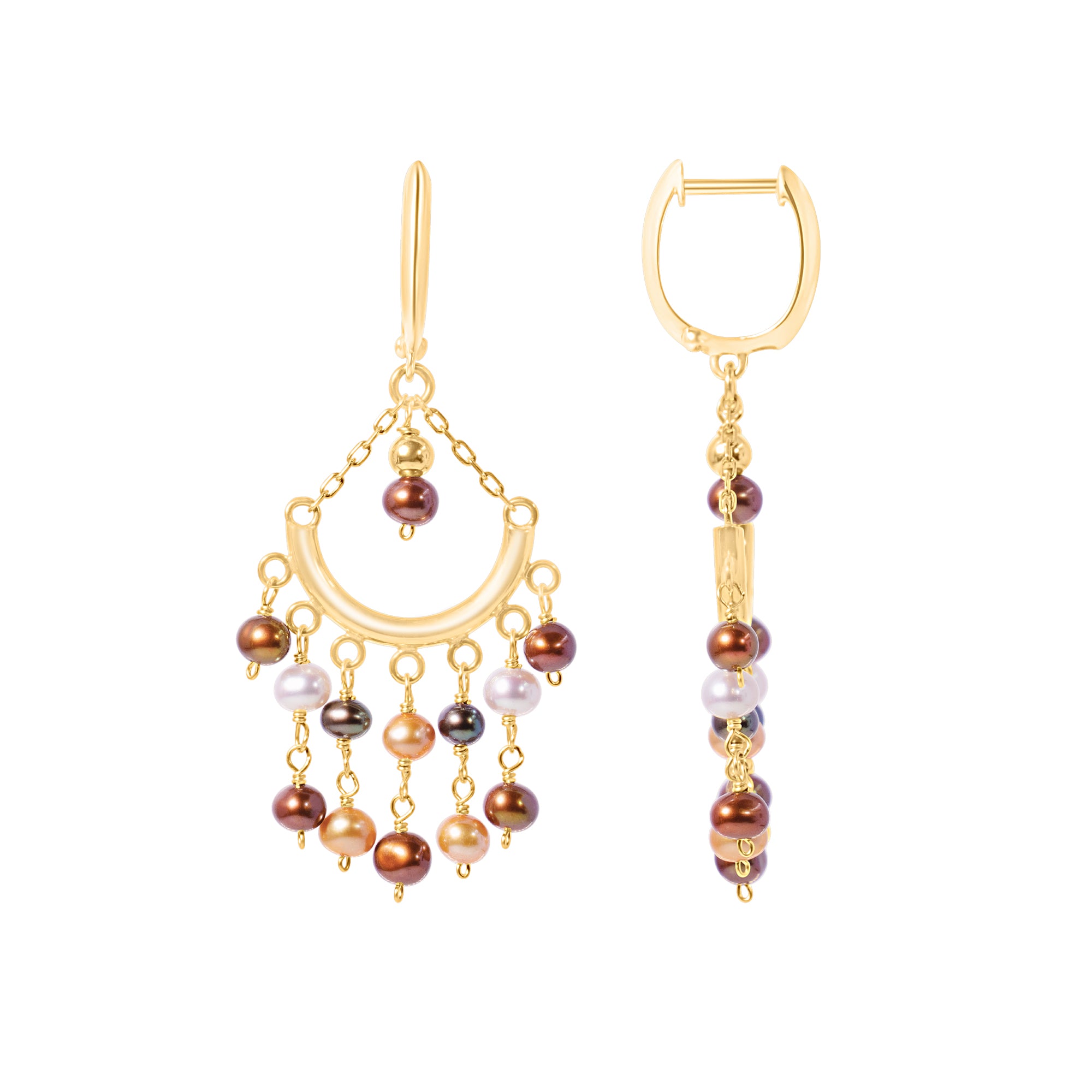 14k White, Grey, Champagne, and Red Freshwater Pearl Chandelier Huggie Hoop Dangle Earring