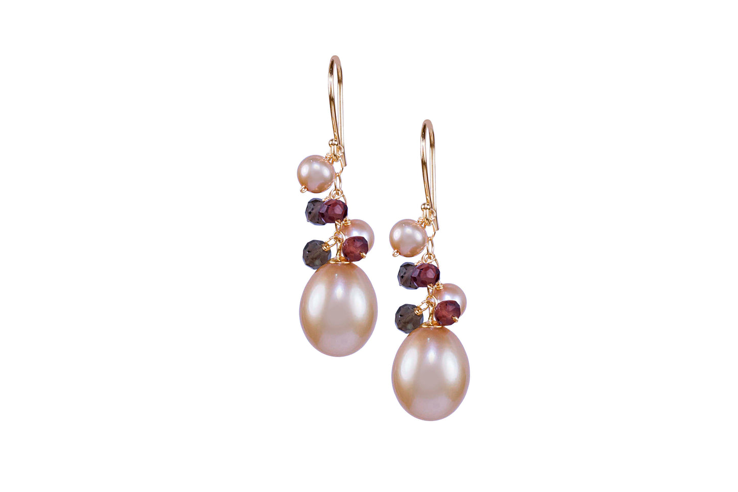14k Champagne Freshwater Pearl Garnet Smoky Quartz Hook Dangle Earring