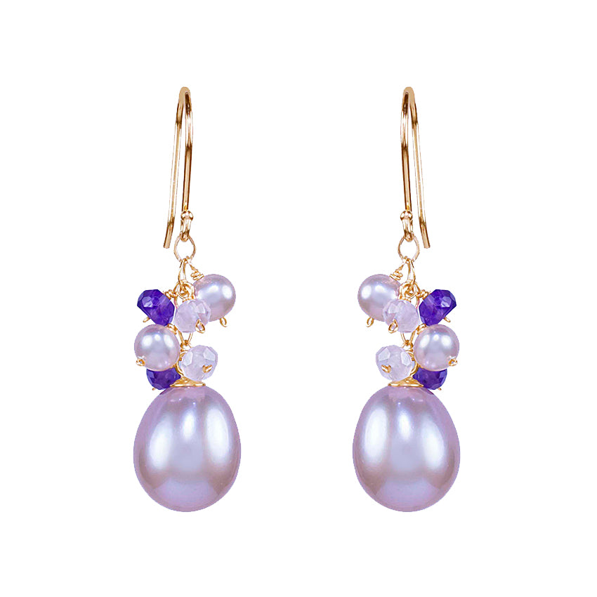 14k Pink Freshwater Pearl, Amethyst. and Rose Quartz Hook Earring