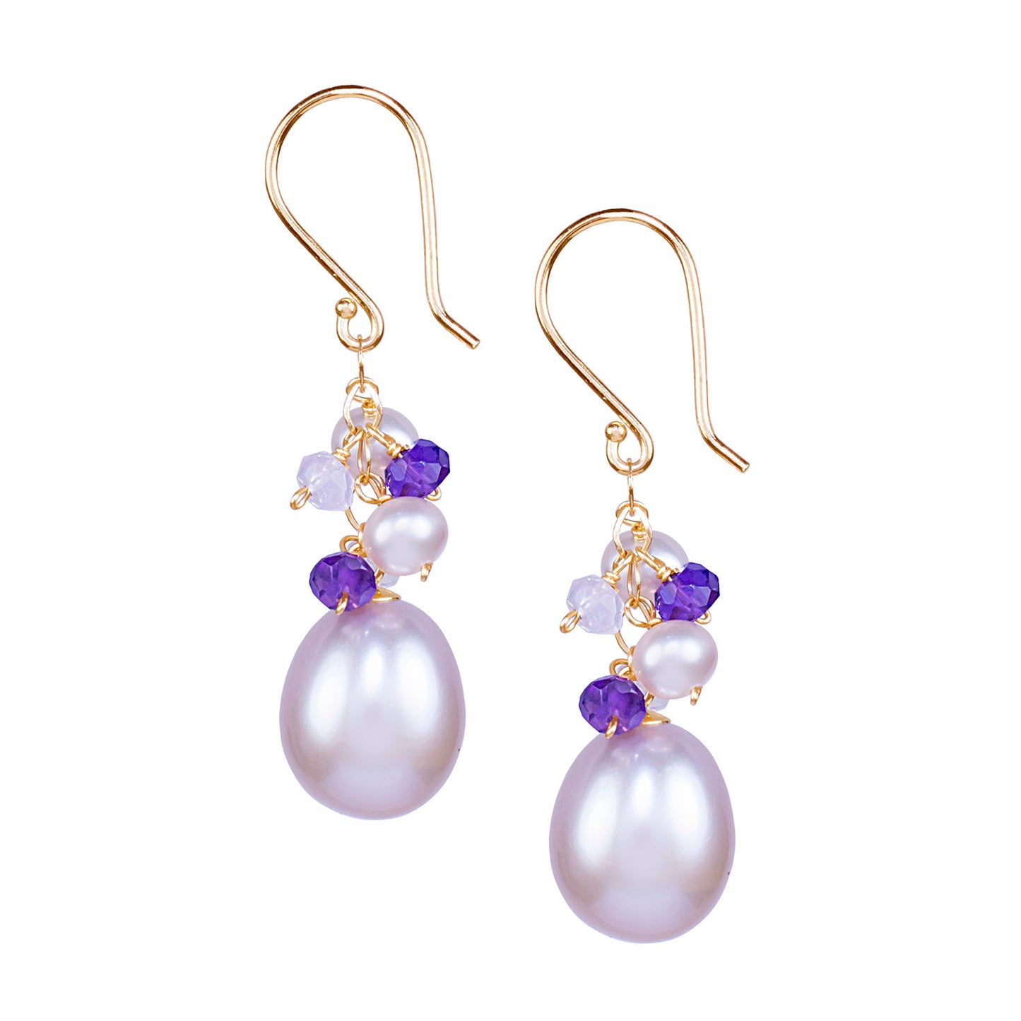 14k Pink Freshwater Pearl, Amethyst. and Rose Quartz Hook Earring