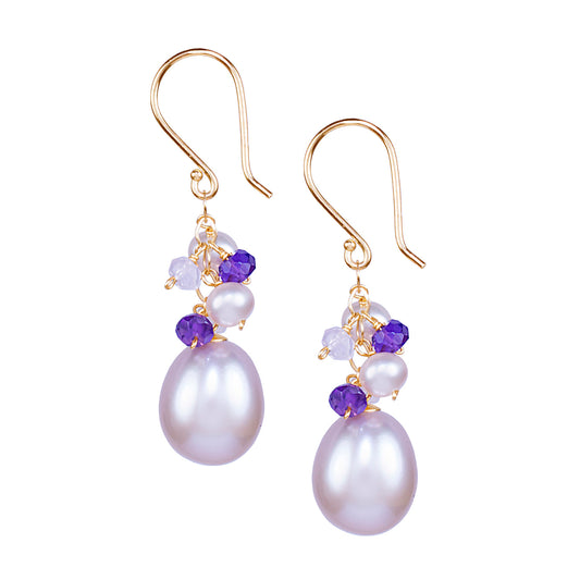 14k Pink Freshwater Pearl, Amethyst. and Rose Quartz Hook Earring