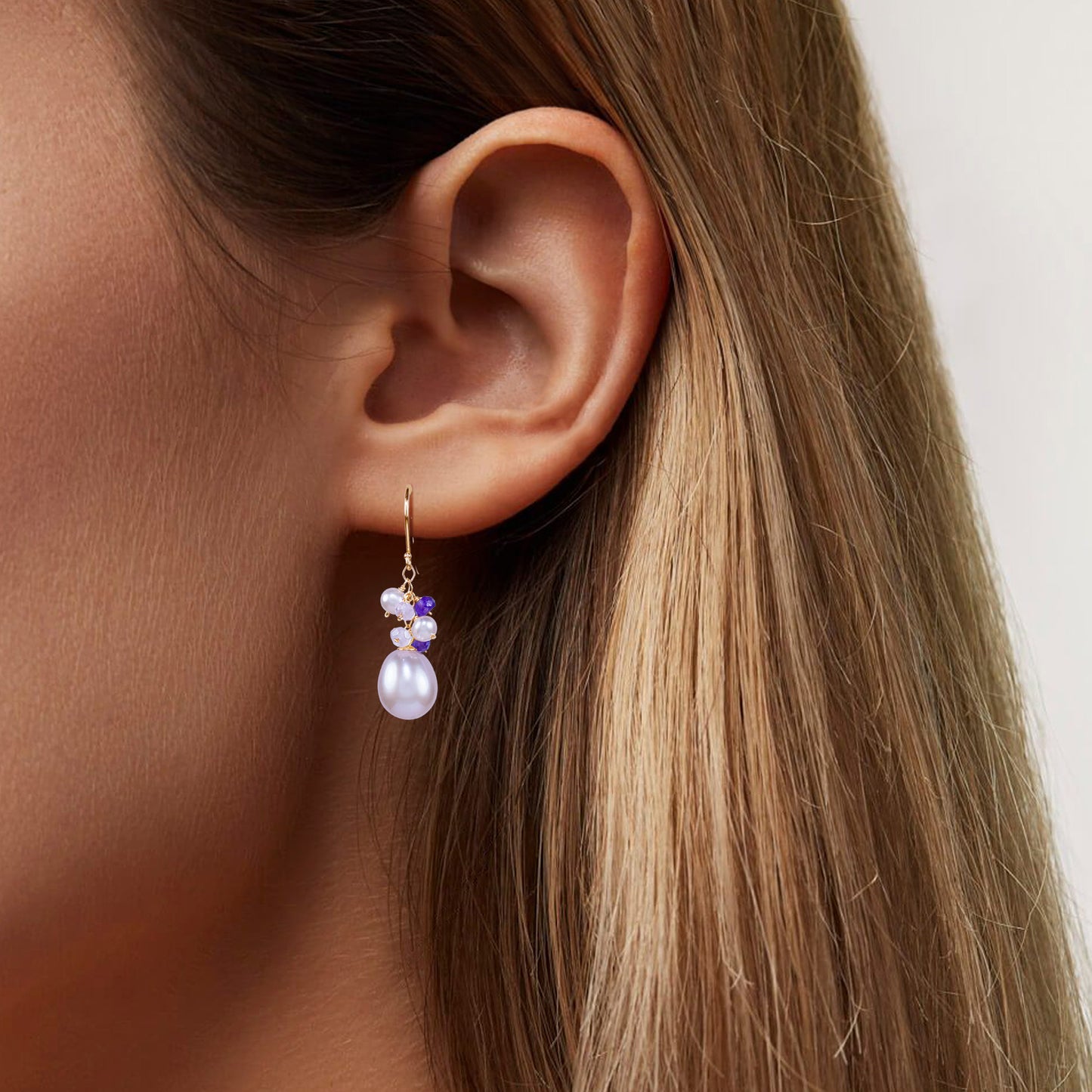 14k Pink Freshwater Pearl, Amethyst. and Rose Quartz Hook Earring