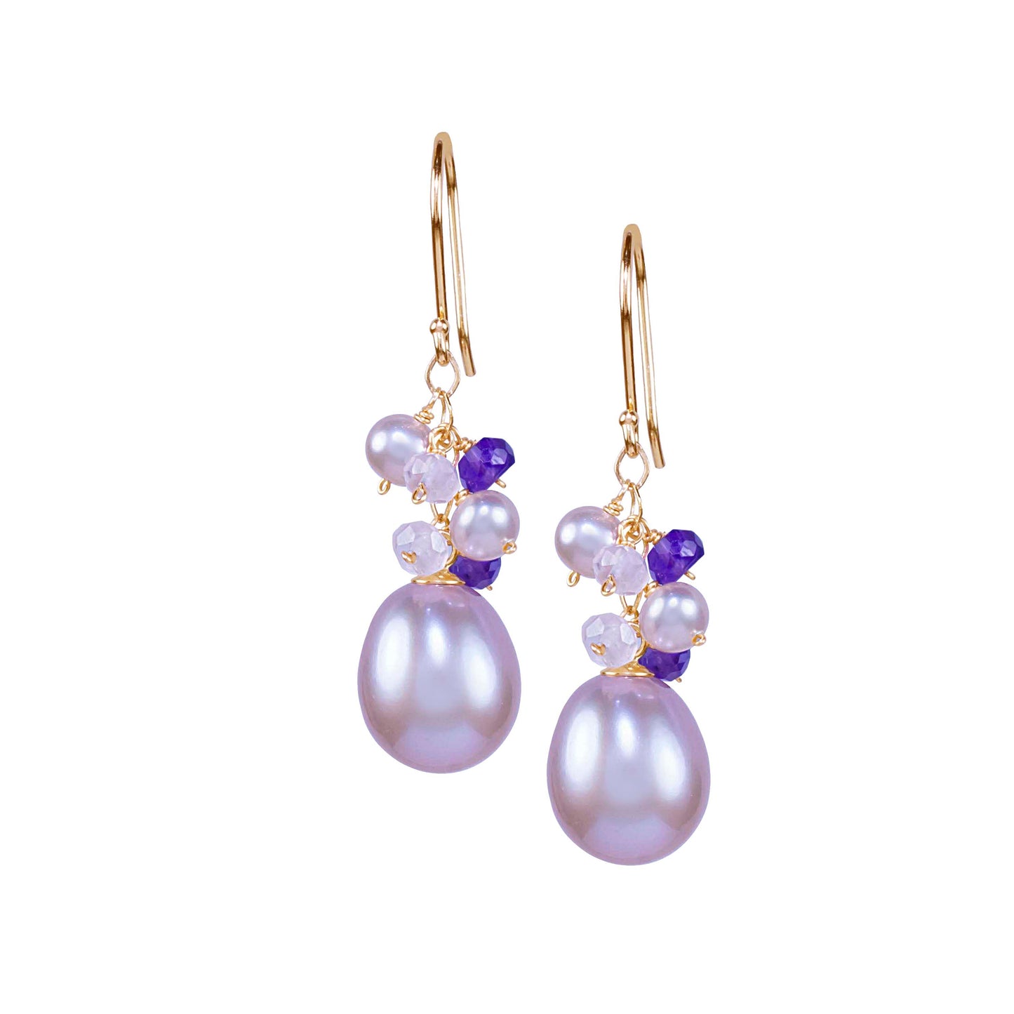 14k Pink Freshwater Pearl, Amethyst. and Rose Quartz Hook Earring