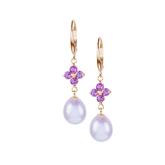 14k Pink Tourmaline Flower And White Freshwater Pearl Drop Earring