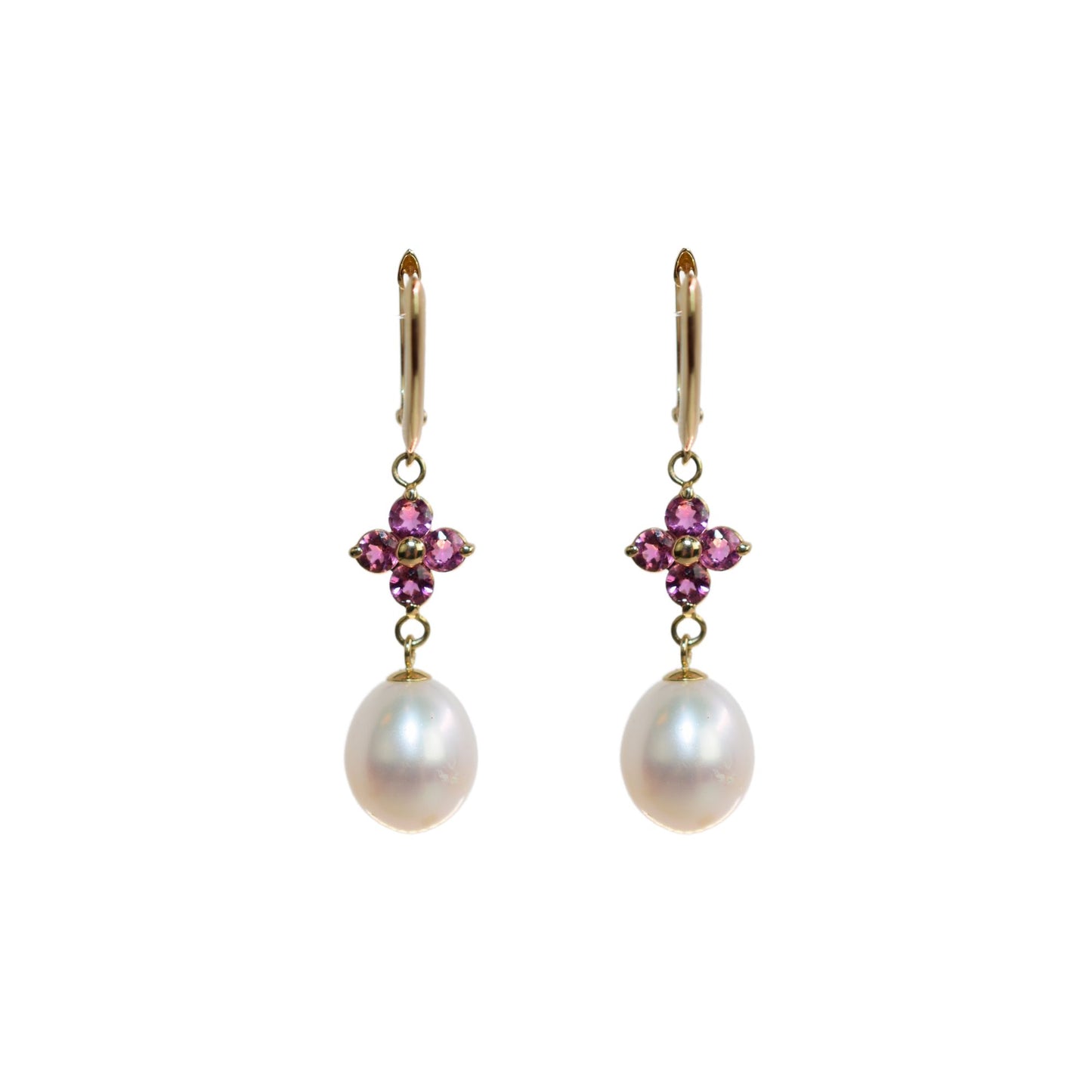 14k Pink Tourmaline Flower And White Freshwater Pearl Drop Earring