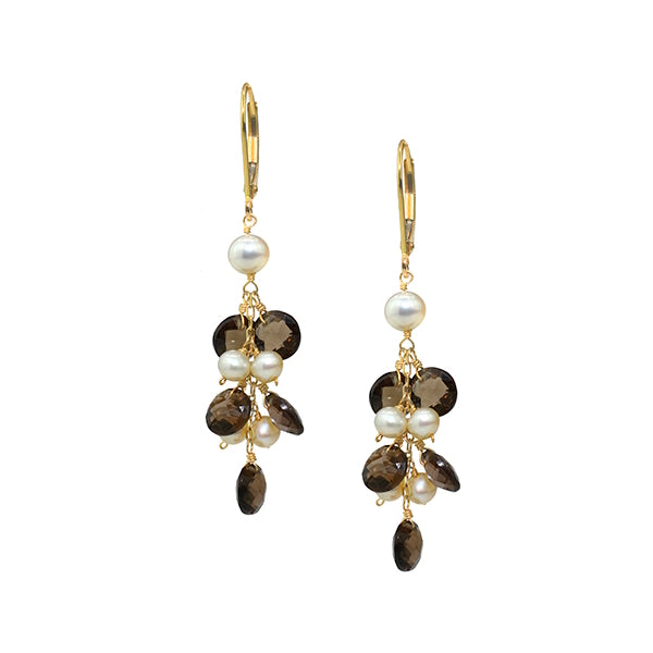 14k White Freshwater Pearl Smoky Quartz Leverback Earring