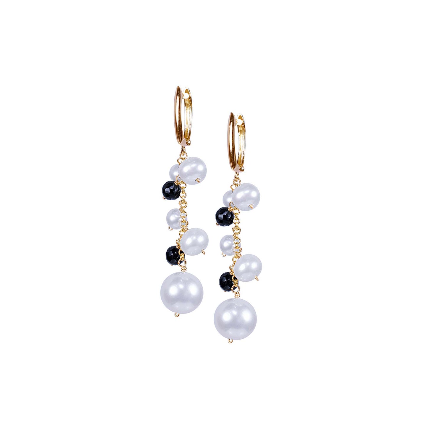 14k White Freshwater Pearl Round Black Spinel Dangle Hoop Earring