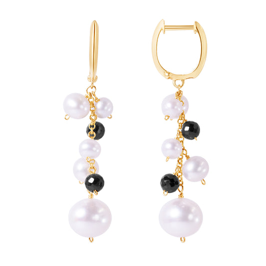 14k White Freshwater Pearl Round Black Spinel Dangle Hoop Earring