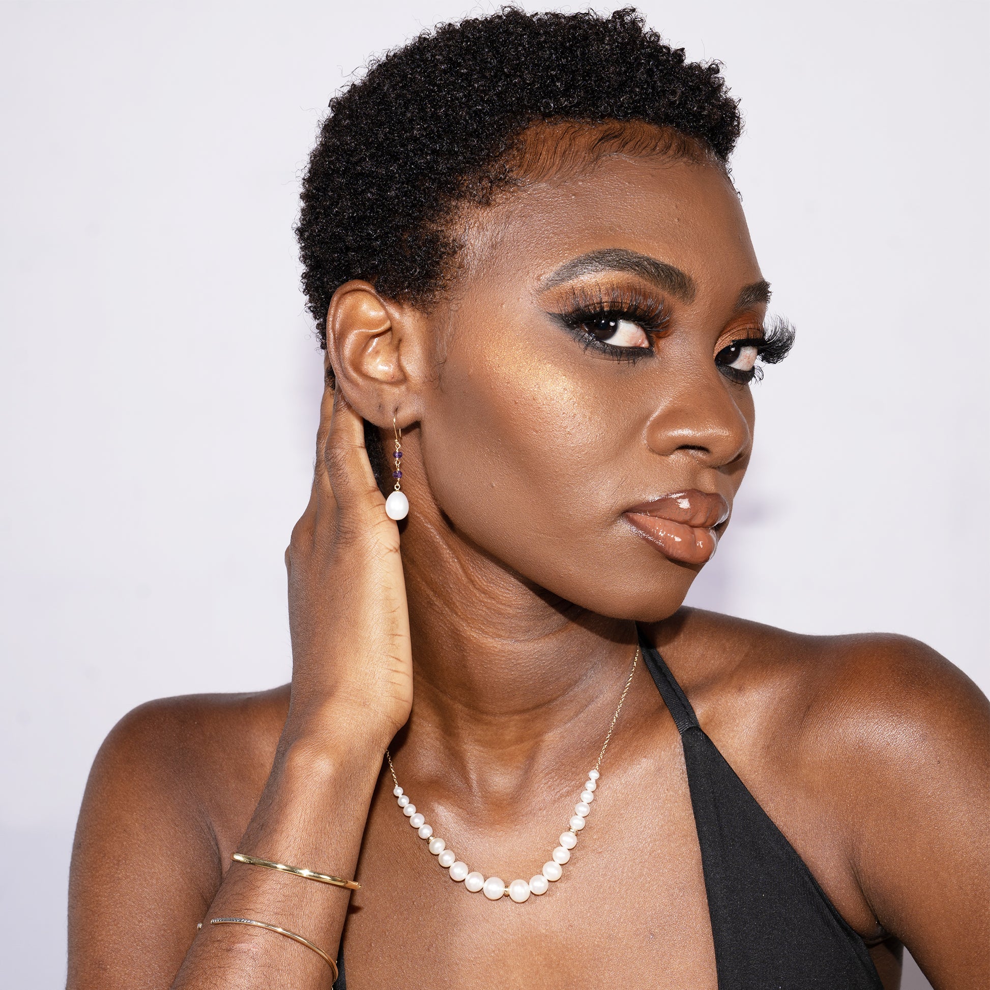 14k White Freshwater Pearl Amethyst Hook Earring