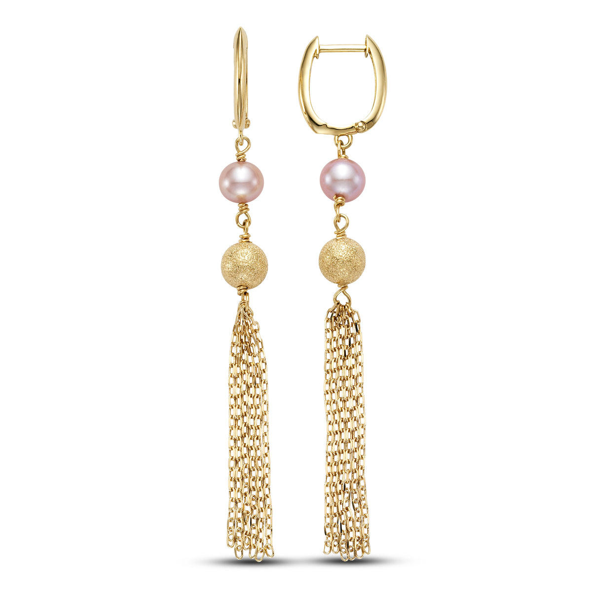 14k Pink or White Freshwater Pearl Gold Fringe Huggie Hoop Dangle Earrings Pink