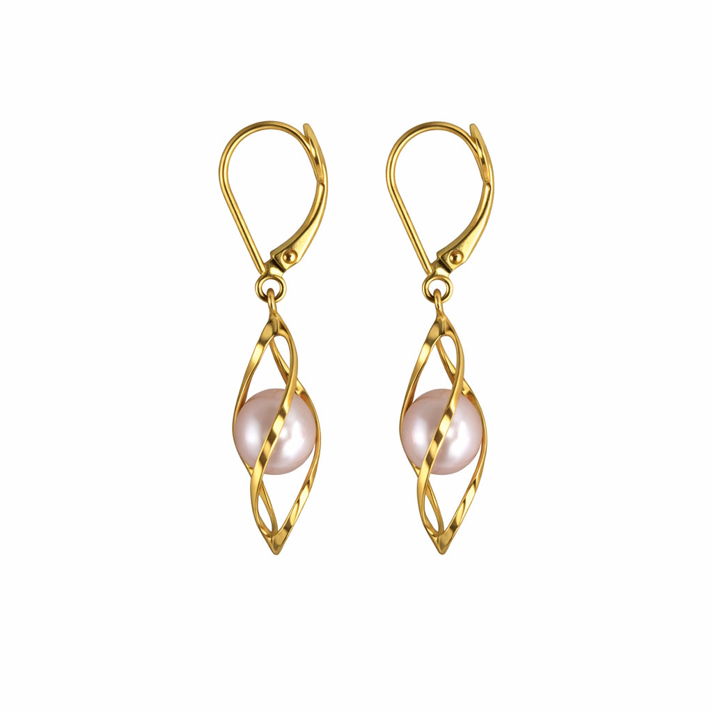 14k Natural Pink Pearl Cage Leverback Earring