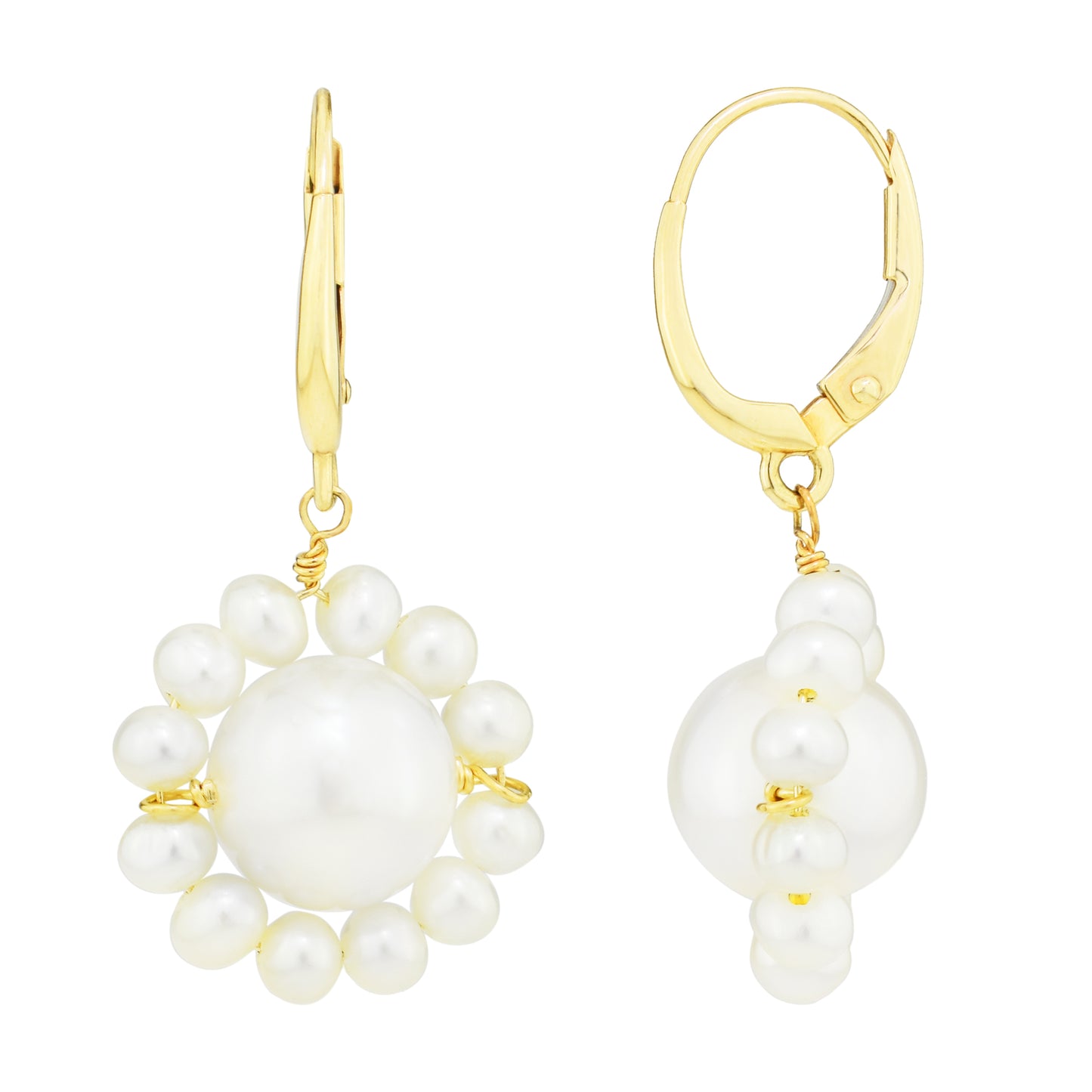14k White Freshwater Pearl Flower Drop Leverback Earrings White Pearl