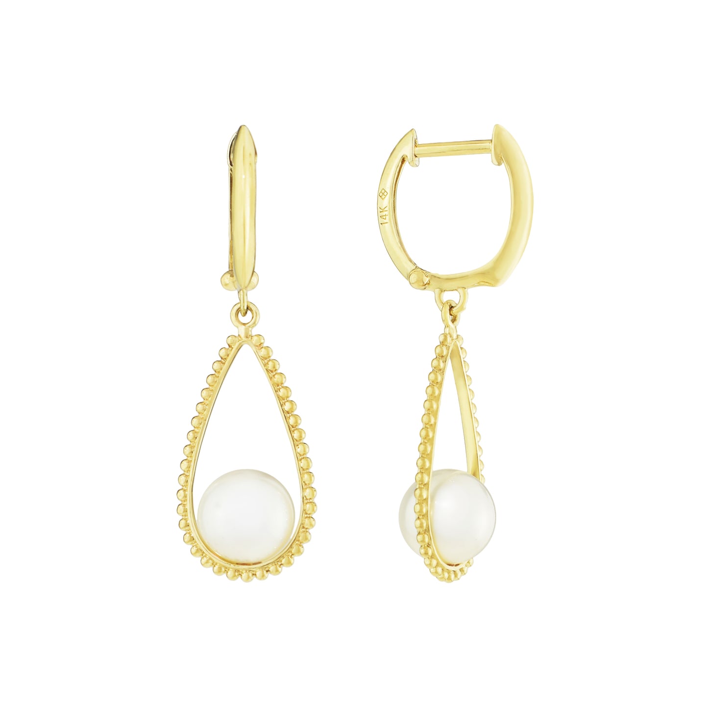 14k White Pearl Open Pear Dangle Hoop Earring