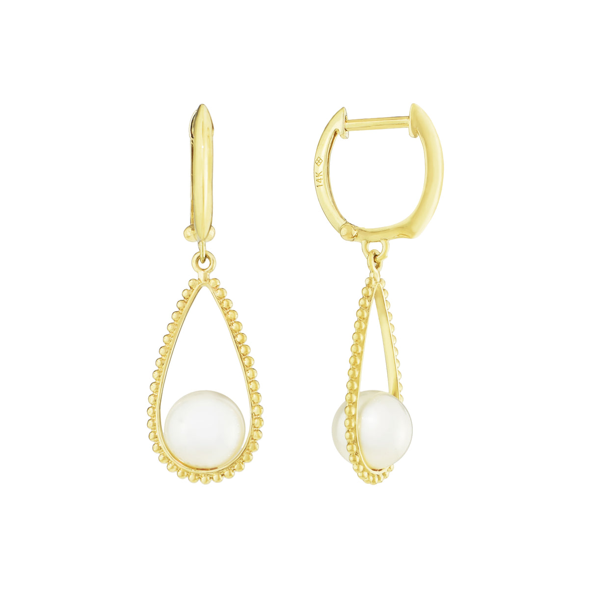 14k White Pearl Open Pear Dangle Hoop Earring