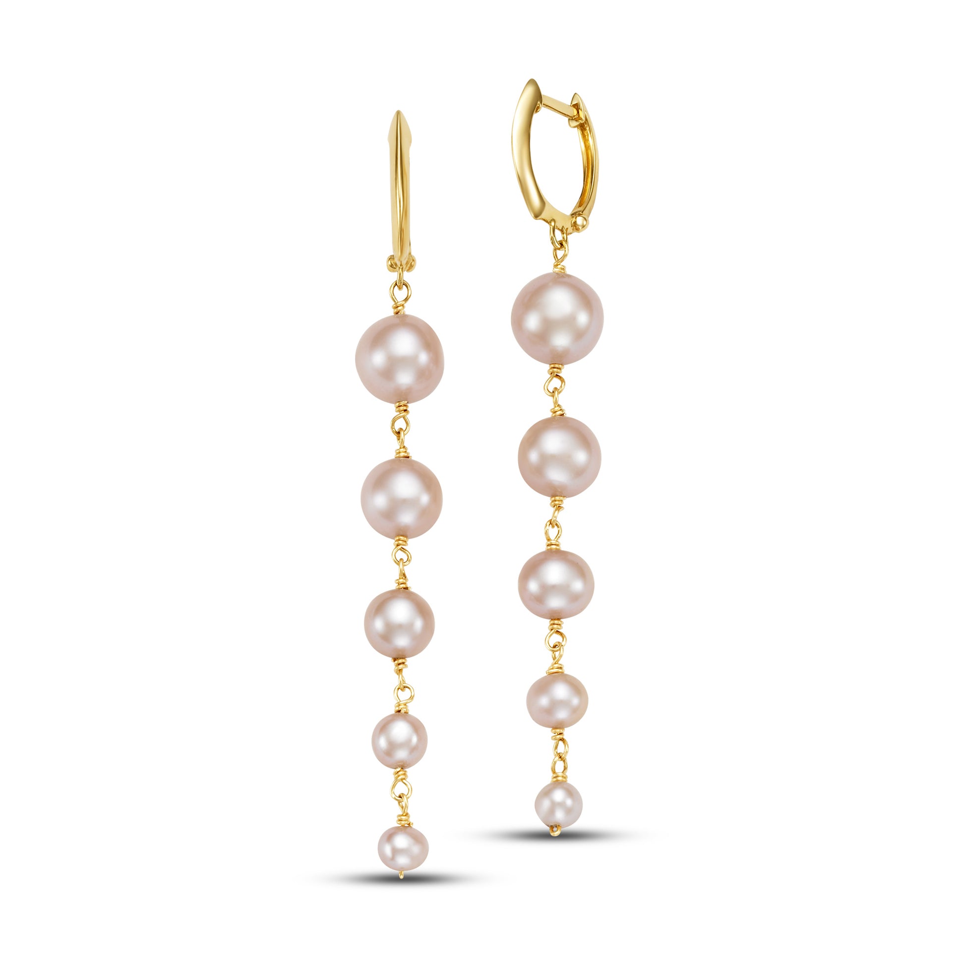 14k Pink/White Freshwater Pearl Graduated Dangle Earrings Huggie Hoop / Pink