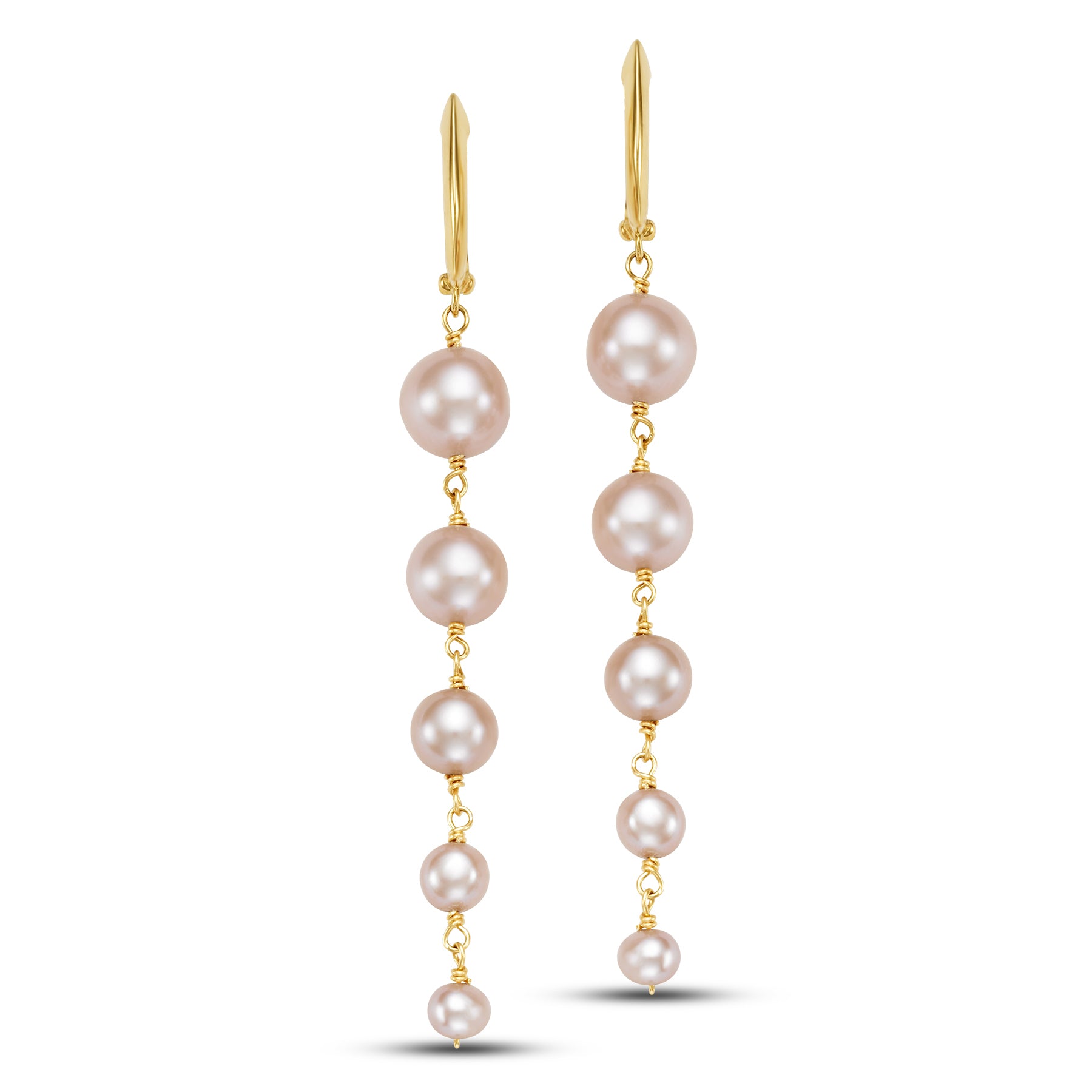14k Pink/White Freshwater Pearl Graduated Dangle Earrings Huggie Hoop / Pink