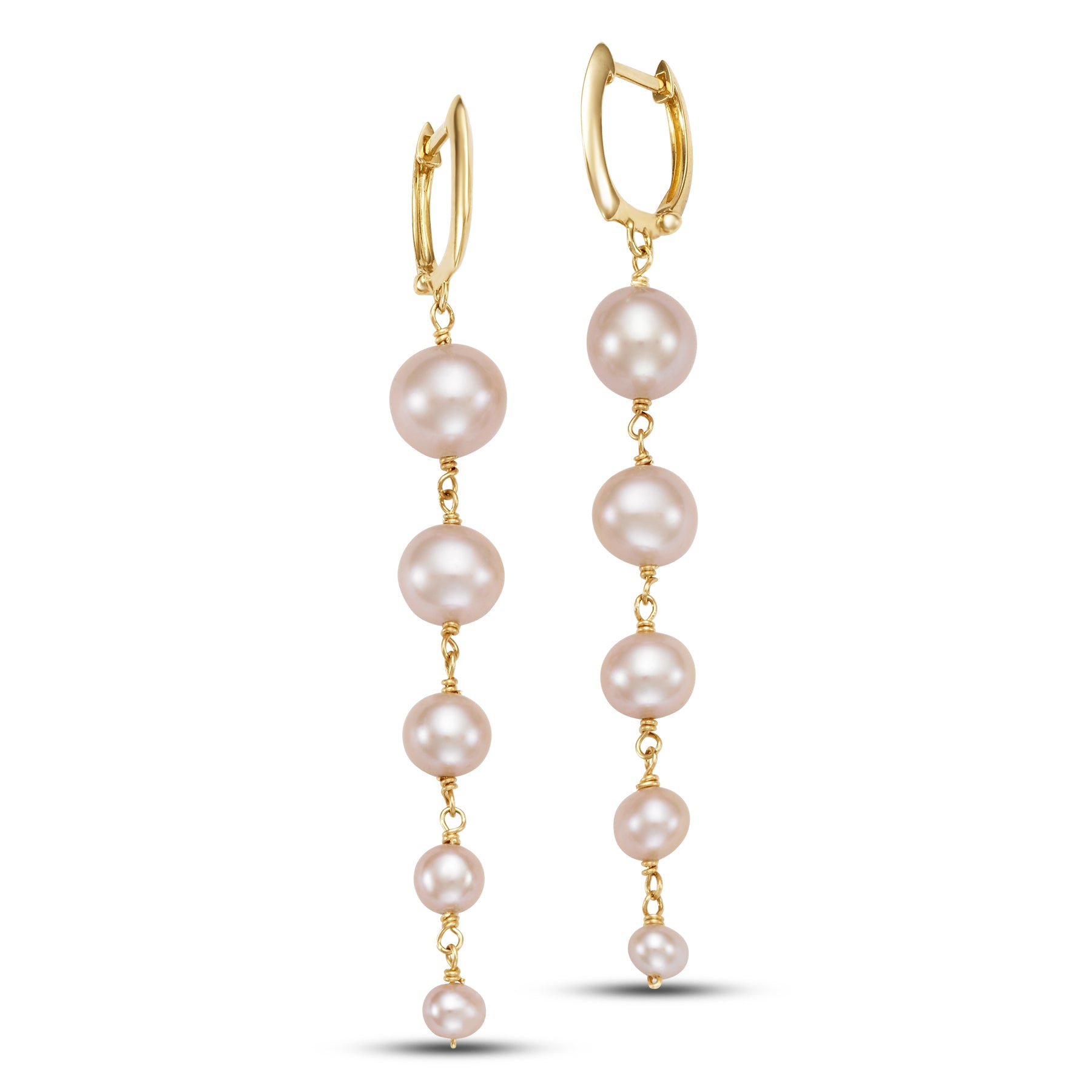 14k Pink/White Freshwater Pearl Graduated Dangle Earrings Huggie Hoop / Pink