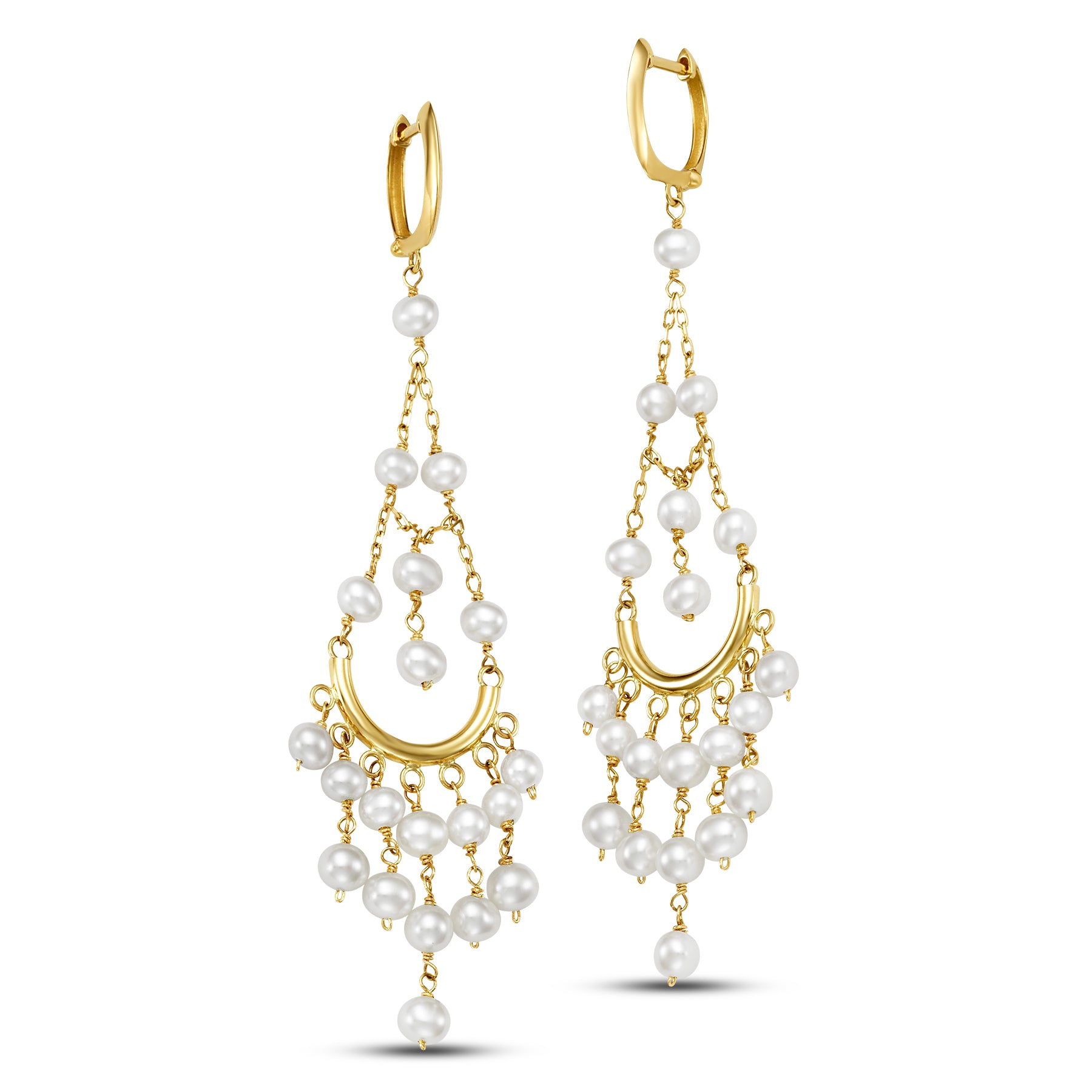 14k White Freshwater Pearl Chandelier Huggie Hoop Earrings White