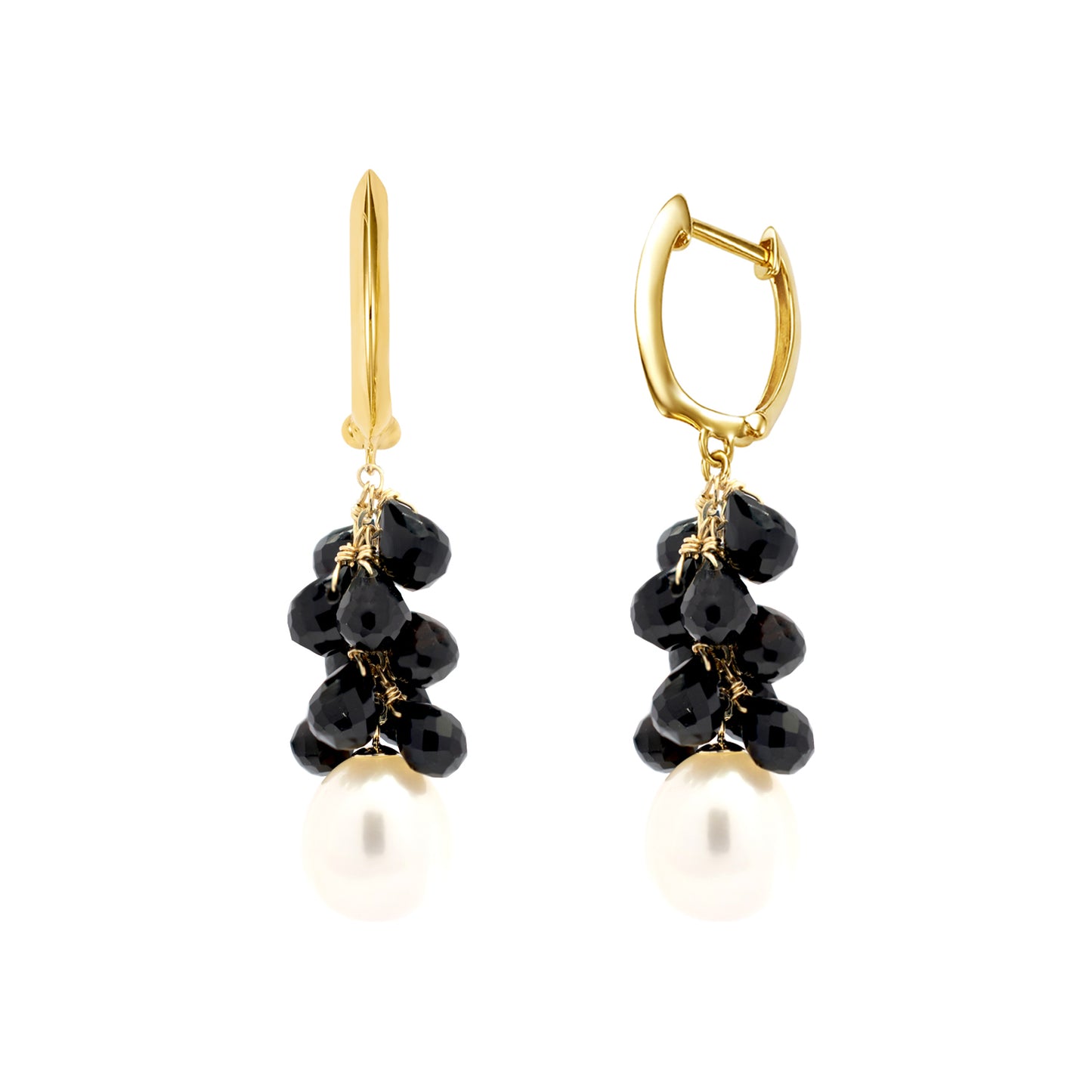 14k Black Onyx with White Freshwater Pearl Huggie Hoop Earring