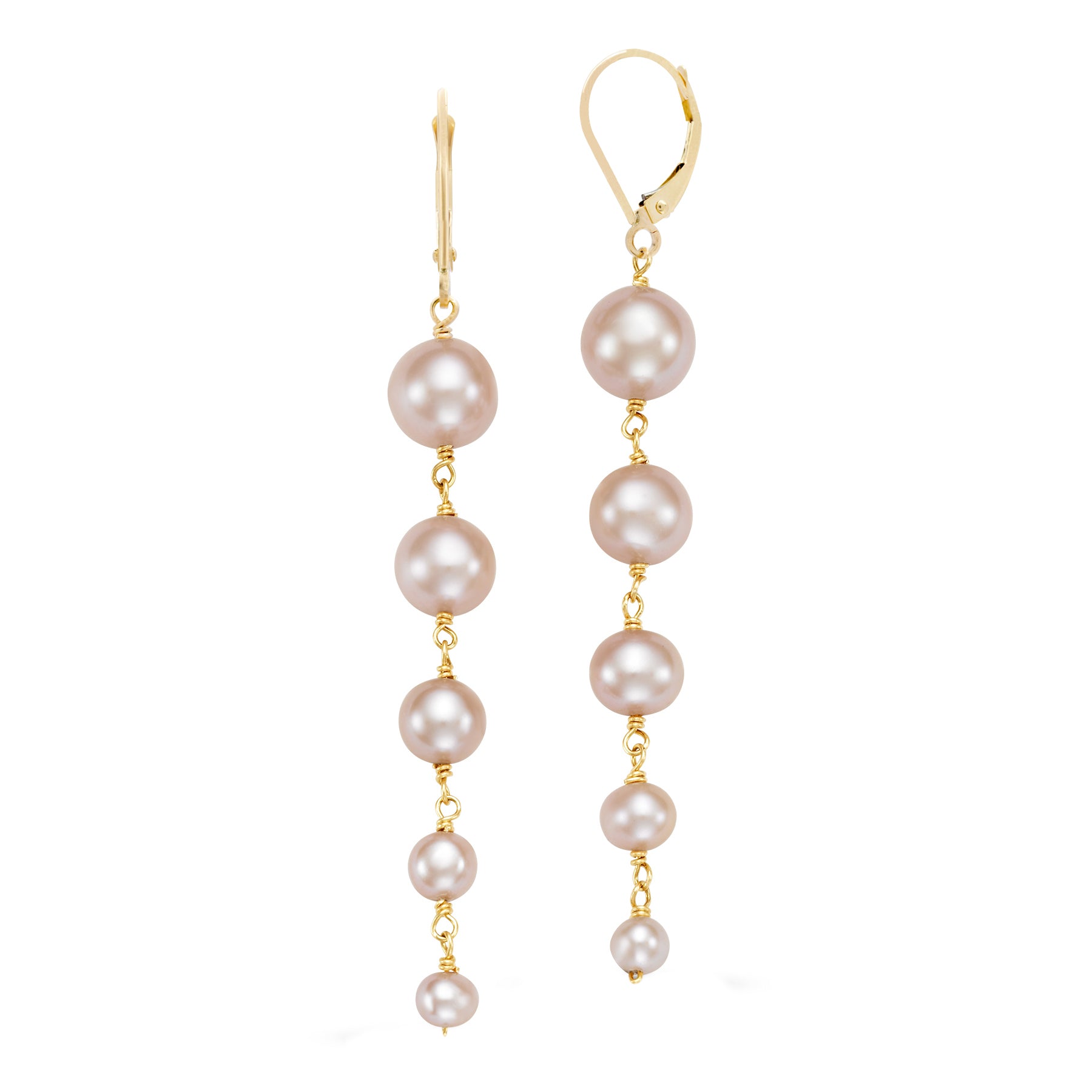 14k Pink/White Freshwater Pearl Graduated Dangle Earrings Leverback / Pink
