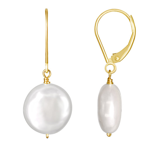 14k White Freshwater Coin Pearl Leverback Earring