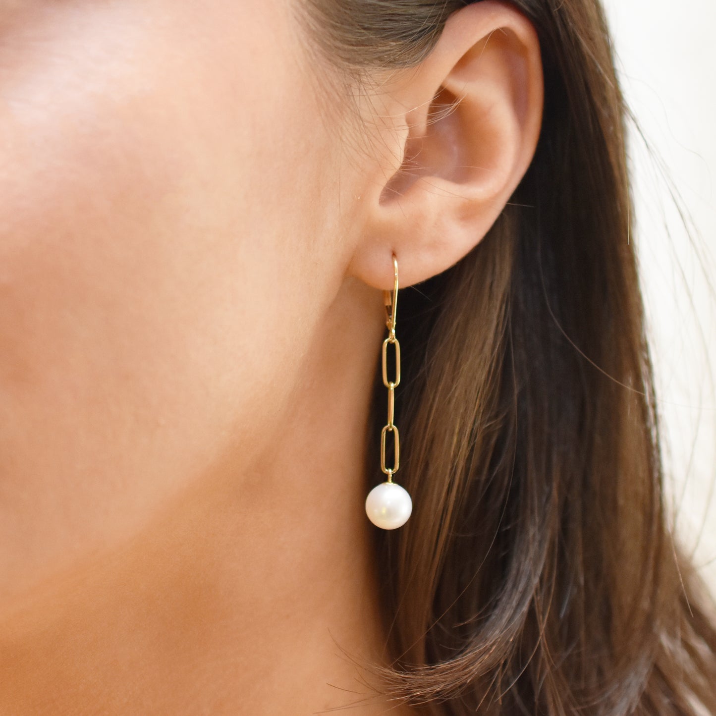 14k White Freshwater Pearl Chain Drop Leverback Earring