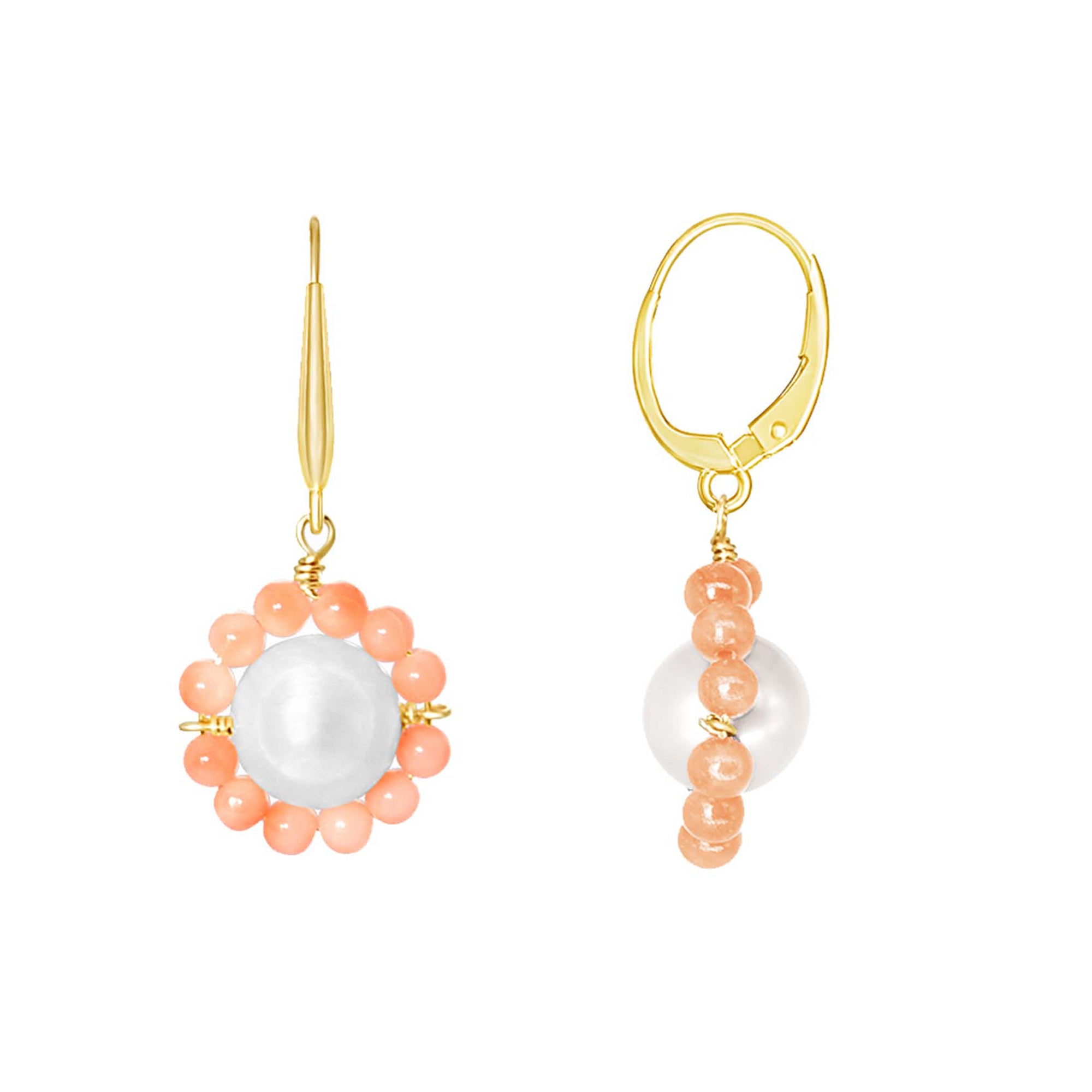 14k White Freshwater Pearl Flower Drop Leverback Earrings White Pearl & Coral