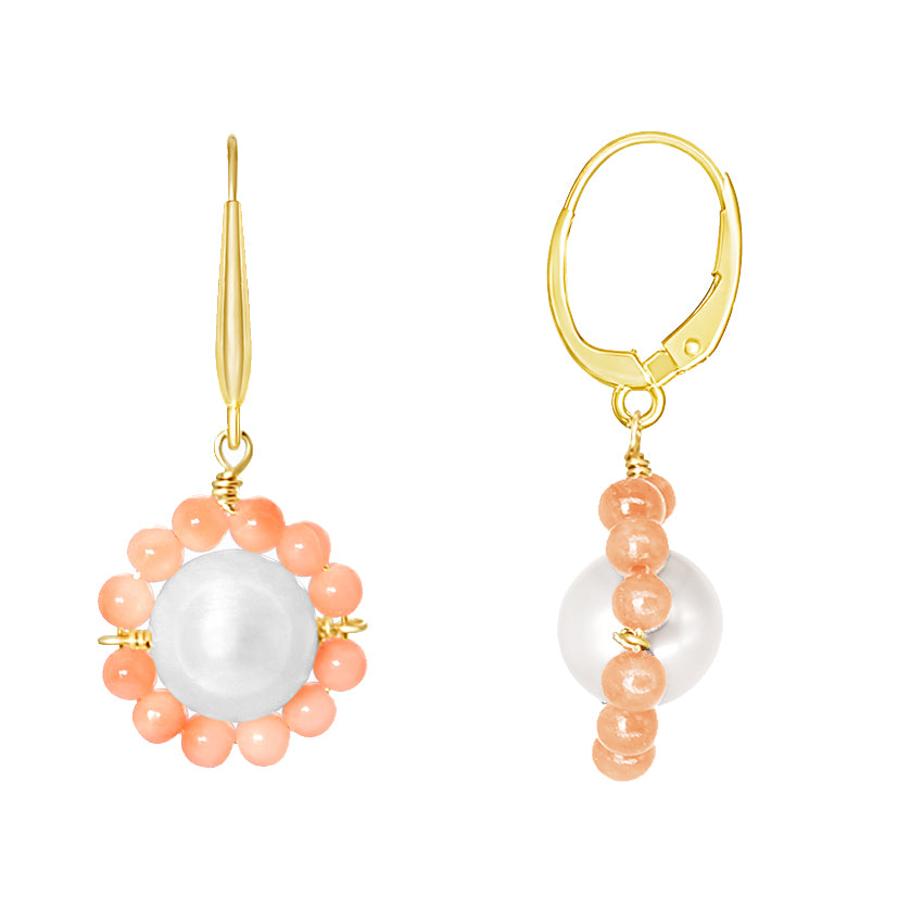 14k White Freshwater Pearl Flower Drop Leverback Earrings White Pearl & Coral