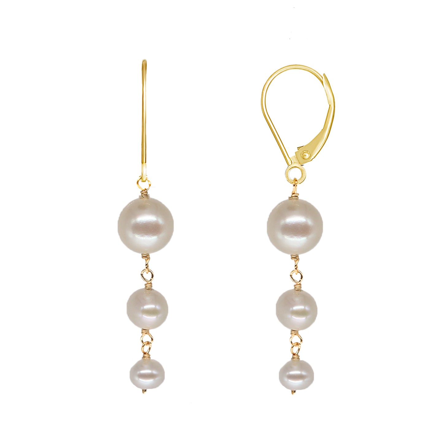 14k Graduated Ball Drop Leverback Earrings White Pearl