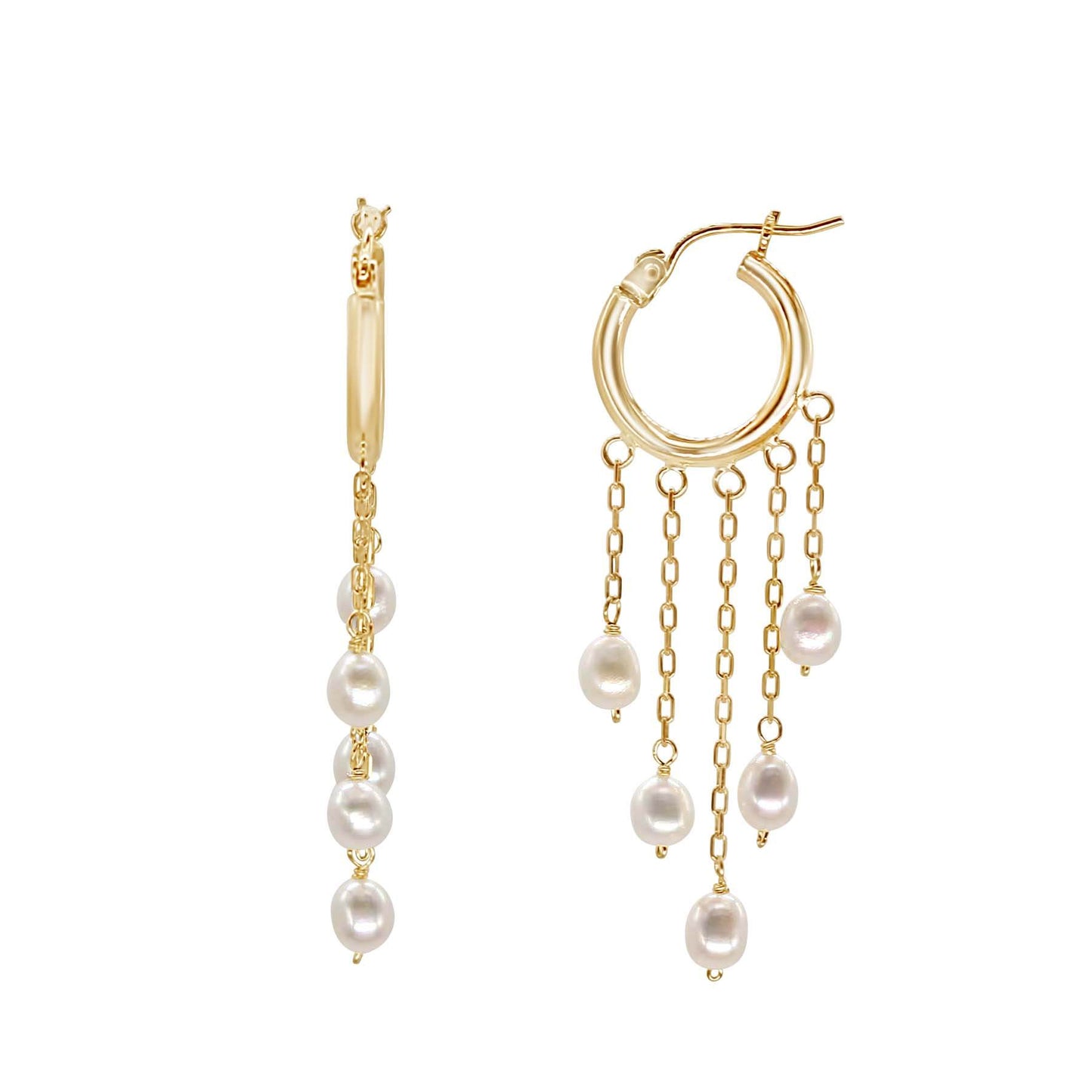 14k 5 Row Dangle Hoop Earring White Freshwater Pearl