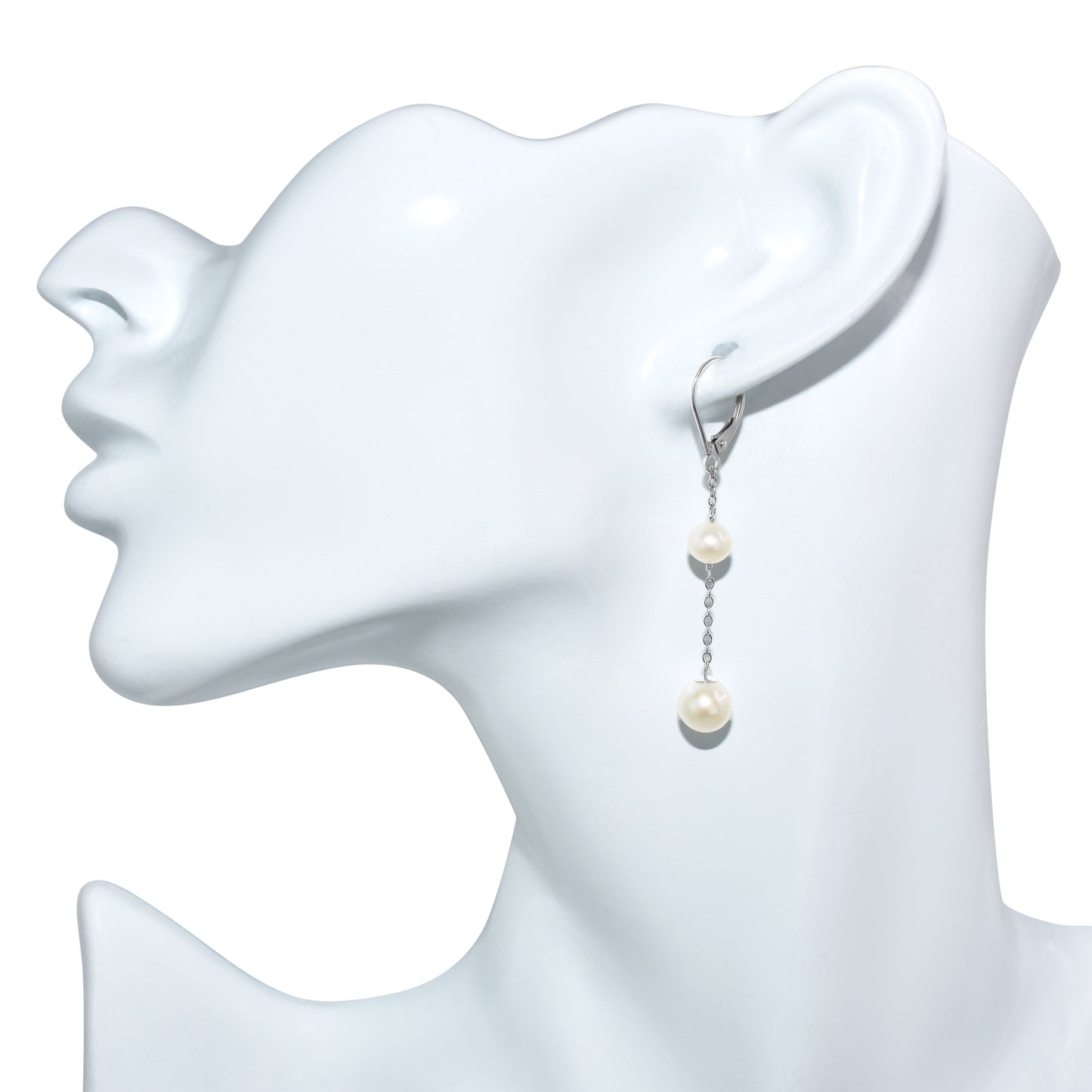 14k White Gold White Pearl Gold Chain Leverback Earring