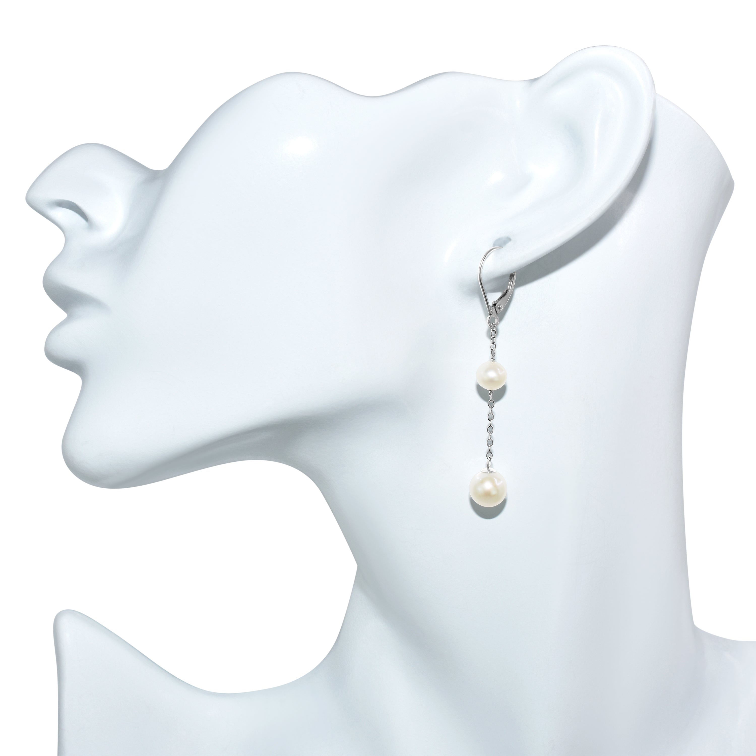14k White Gold White Pearl Gold Chain Leverback Earring