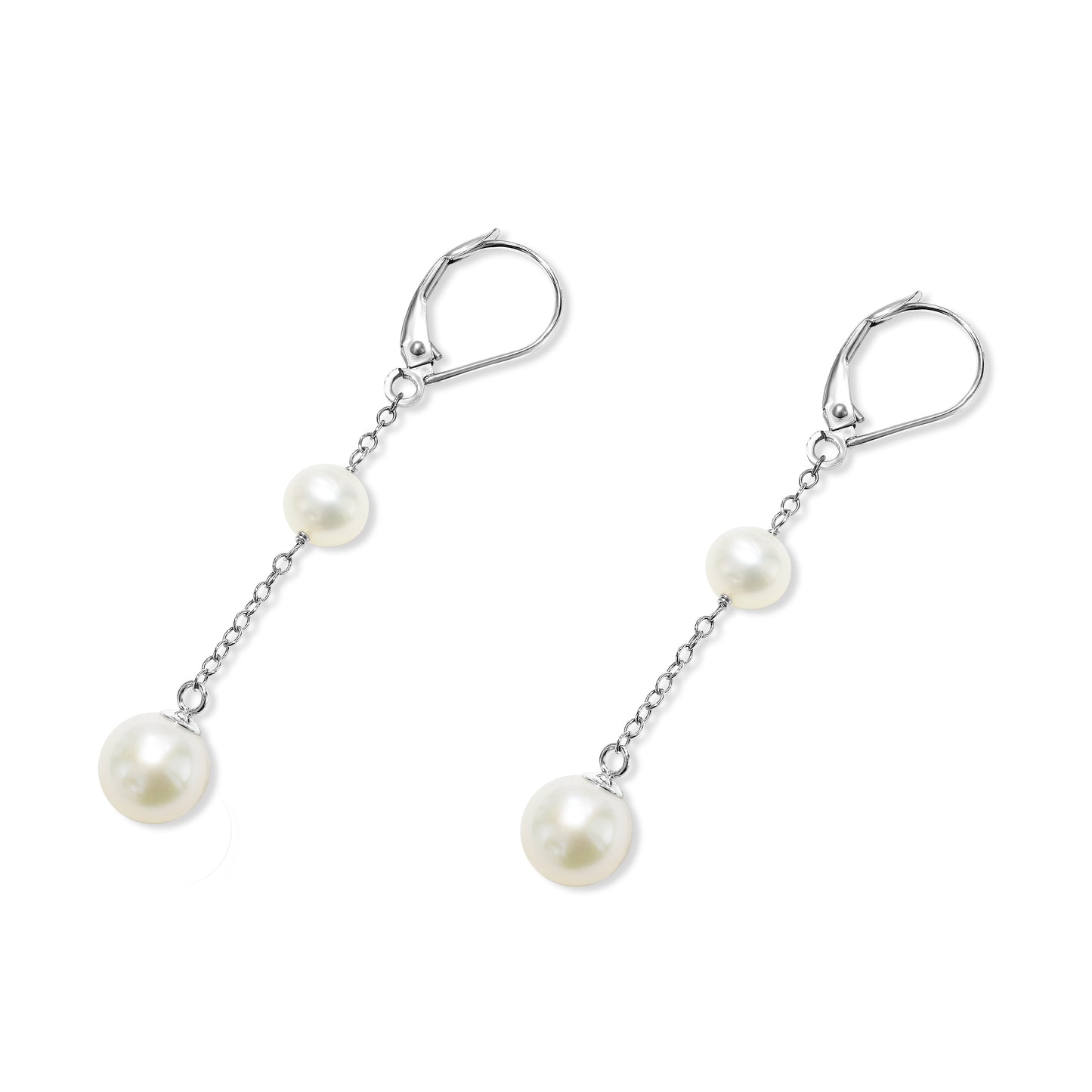 14k White Gold White Pearl Gold Chain Leverback Earring
