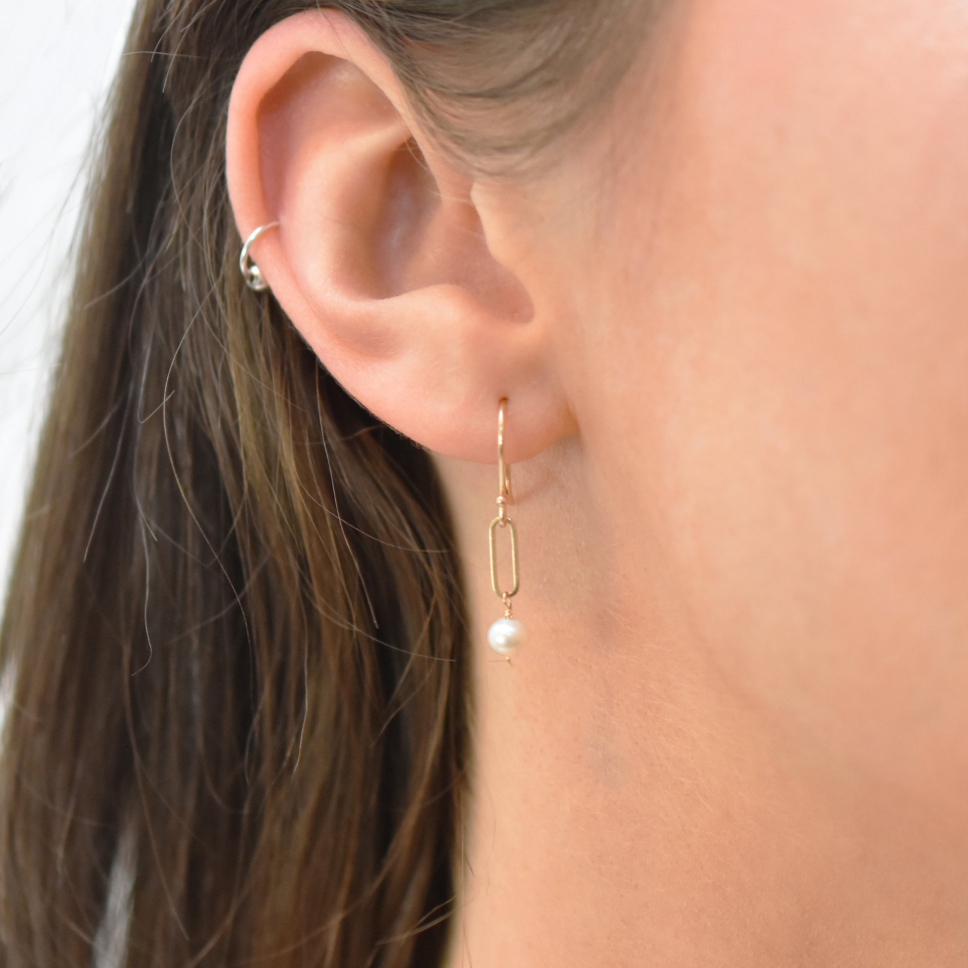 14k Pink Freshwater Pearl Paperclip Link Hook Drop Earring White