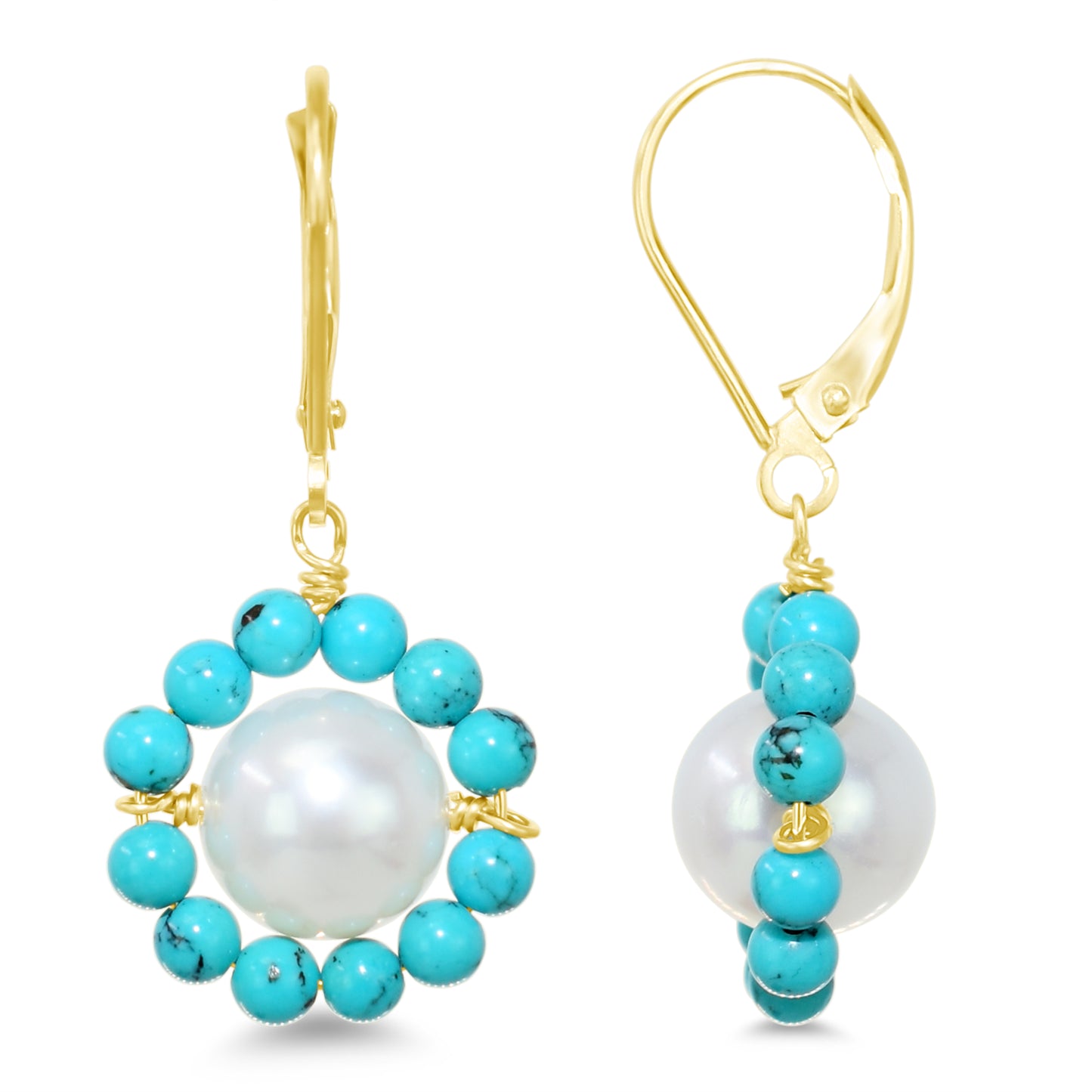 14k White Freshwater Pearl Flower Drop Leverback Earrings White Pearl & Turquoise