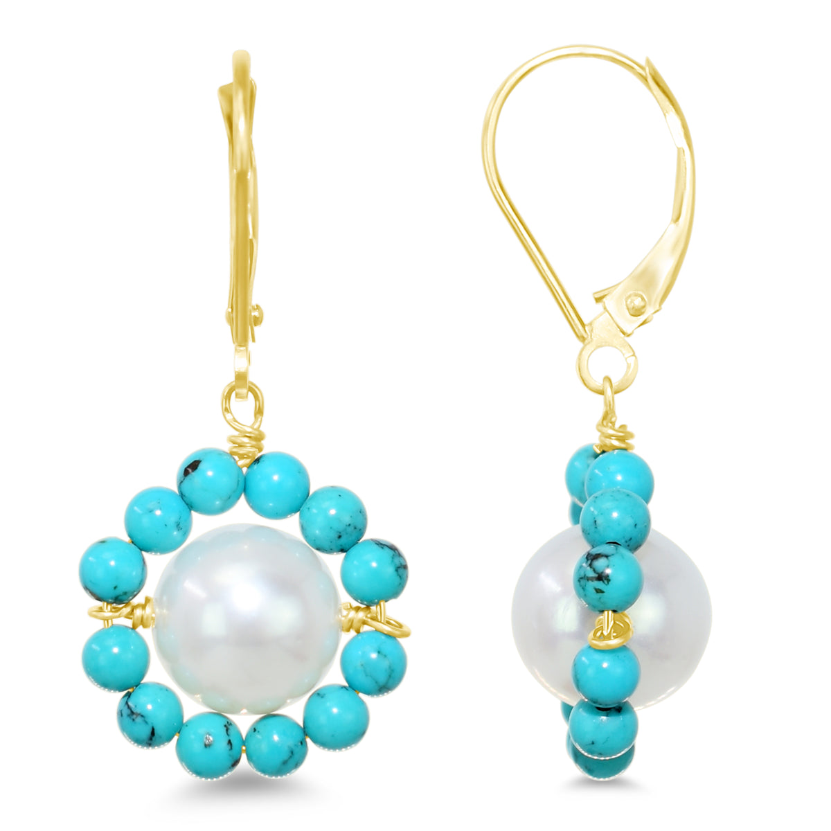 14k White Freshwater Pearl Flower Drop Leverback Earrings White Pearl & Turquoise