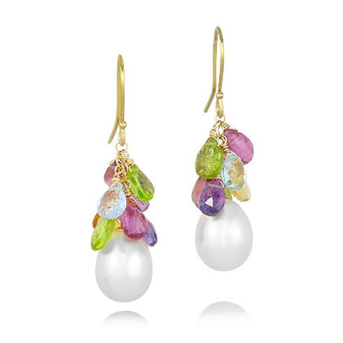 14k White Freshwater Pearl, Peridot, Blue Topaz, Pink Tourmaline, and Amethyst Dangle Earring 14k Gold Wire