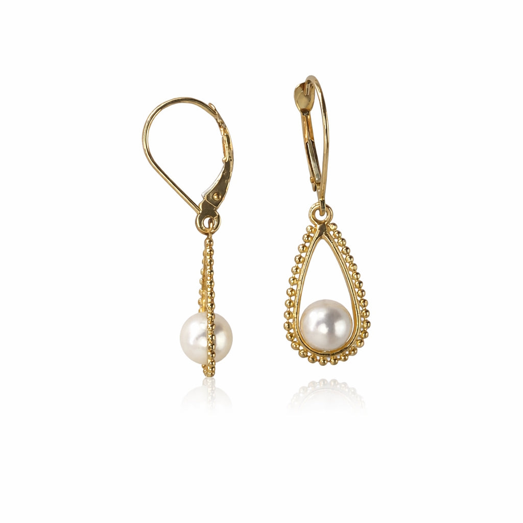 14k White Pearl Open Pear Shape Leverback Earrings